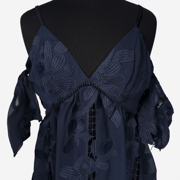 Lovers + Friends Revolve Wishful Dress Navy Blue Floral Embroidered Lace Mini XS - Picture 2 of 8